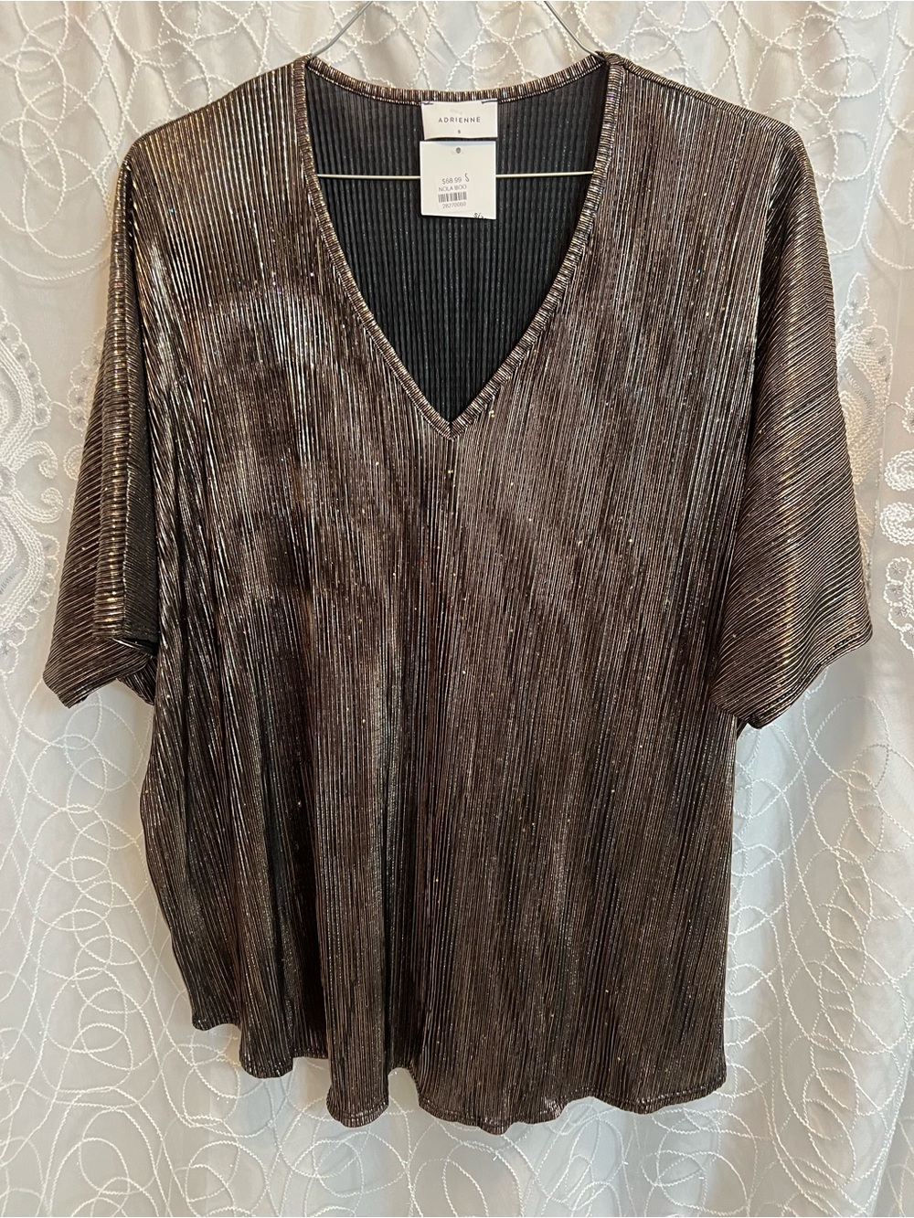 Adrienne Metallic Brown V-Neck Pleated Short Sleeve Top
